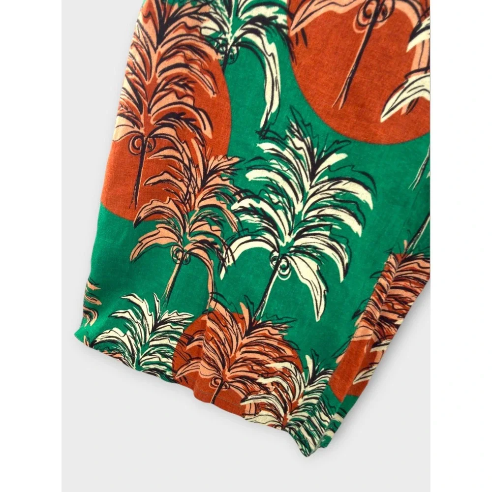 Nicole Miller Linen Pants Tropical Print Wide Leg Belted Large Resort Vacation - Picture 4 of 13